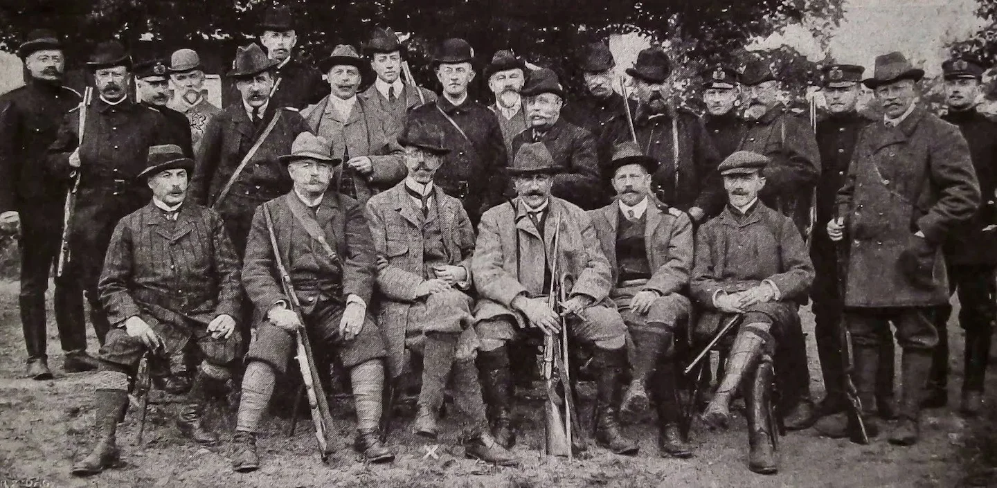 King of Sweden Gustaf V and his hunting party in Hunneberg in the fall of 1908. Eric Trolle, then minister for foreign a…