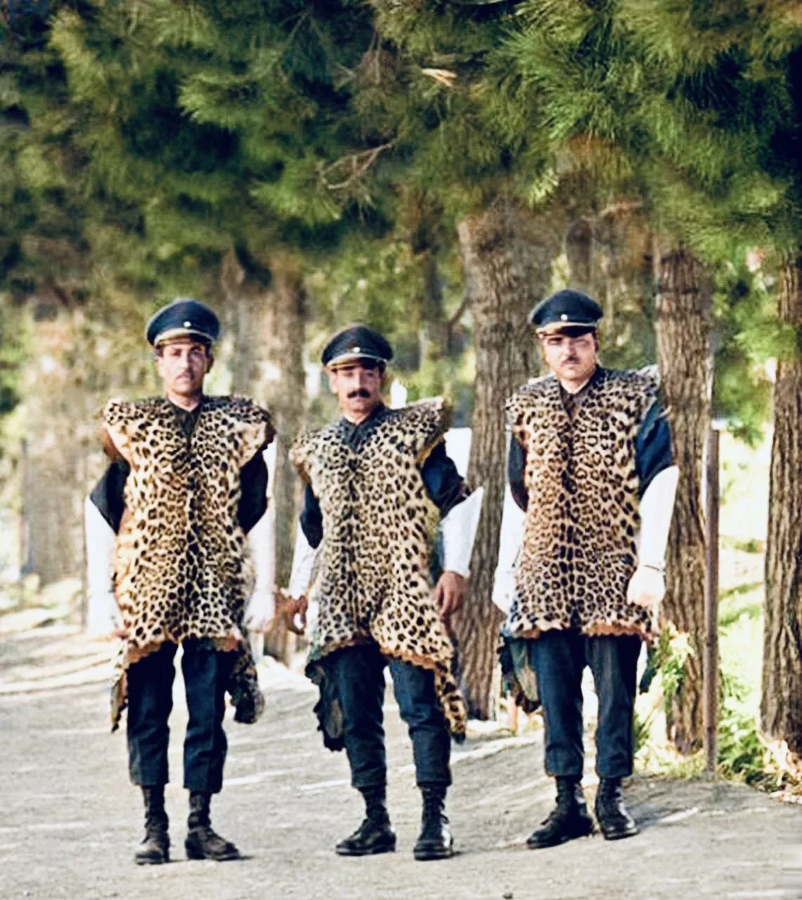 Soldiers of the elite guard unit of the Iranian Shah Mohammad Reza Pahlavi in a leopard skin uniform, 1960, Tehran
