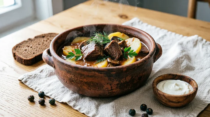 Косуля по-белорусски в горшочке с грибами и картофелем