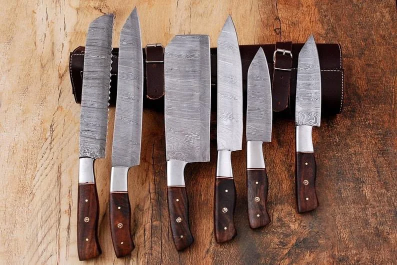 
Handmade Damascus chef set, kitchen knife with Luxurious Pure Leather Sheath
Handle Material: beautiful wood 
Blade Material: Damascus steel
This exquisite piece feature
