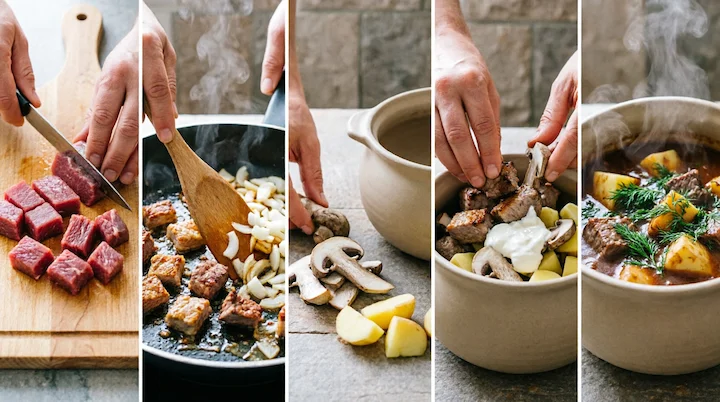 Косуля по-белорусски в горшочке с грибами и картофелем