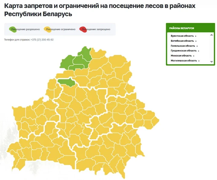 Почти вся Беларусь — под ограничениями на посещение лесов из-за засухи и риска пожаров. 

По состоянию на утро 23 марта свободными остаются только пять районов: Мядельски